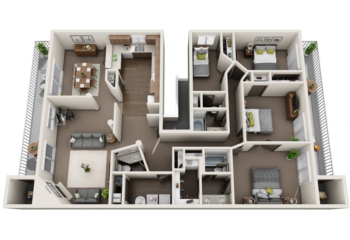 Floor plan for 4 beds, 2.5 baths, 2000 sqft